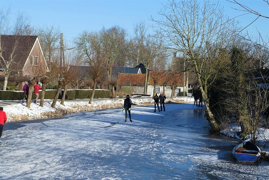 patinatge sobre gel, riu, congelat, arbres, hivern, Holanda, paisatge