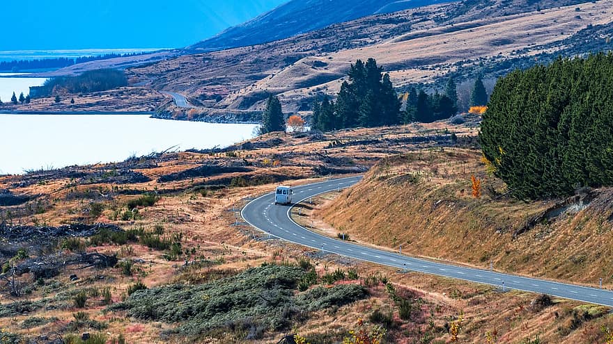wanaka-tó, új Zéland, déli sziget, út, vidéki út, ősz, tájkép, hegy, utazás, nyári, víz
