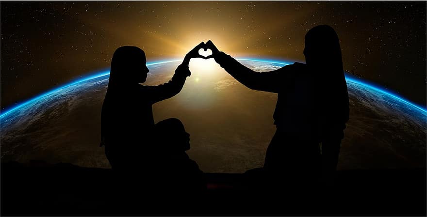 pasangan, jantung, bumi, planet, matahari terbenam, matahari terbit, globe, bayangan hitam, cinta, keluarga, teman