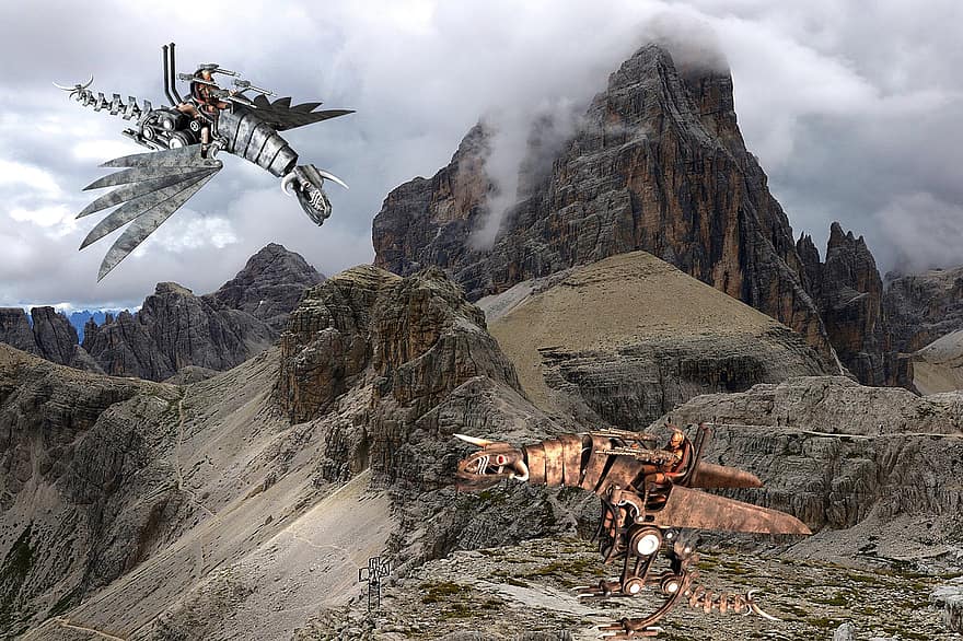 Dolomites, Fantasy, South Tyrol, Italy, Alps, Landscape, Dragon, Battle, War, Steampunk