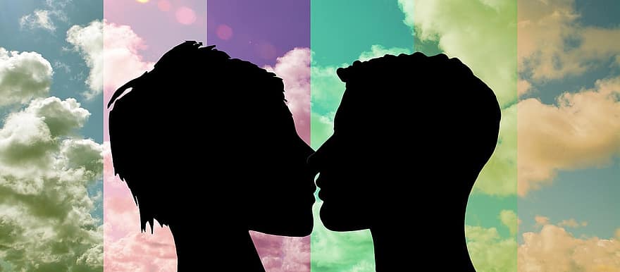 persoon, hoofd, kus, silhouet, abstract, wolken, kleurrijk, liefde, tederheid, puberteit, inschrijving