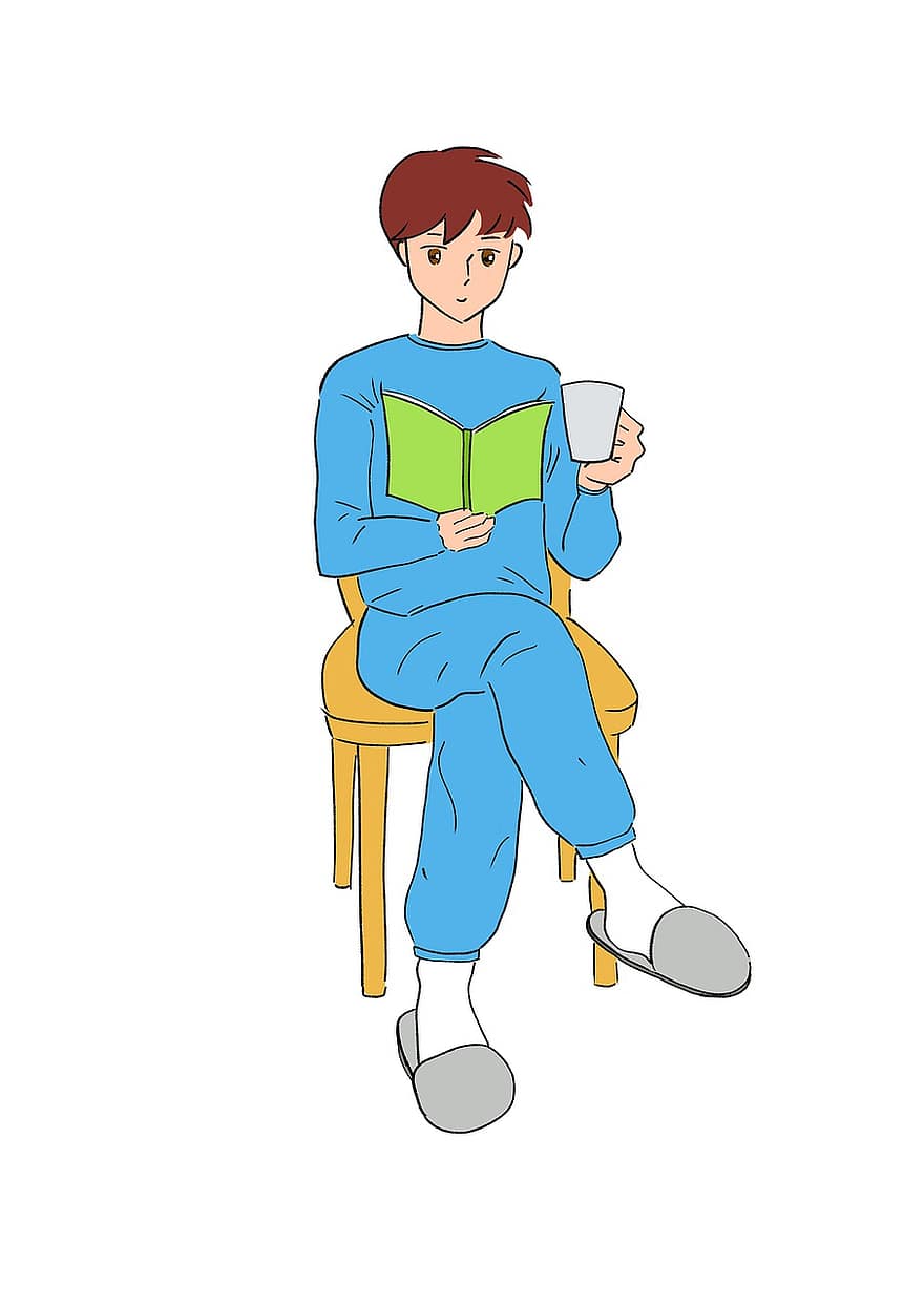 Férfi, olvasás, ülés, ital, pihentető, könyv, fiatal férfi, kipiheni magát, tanul, oktatás, kávé