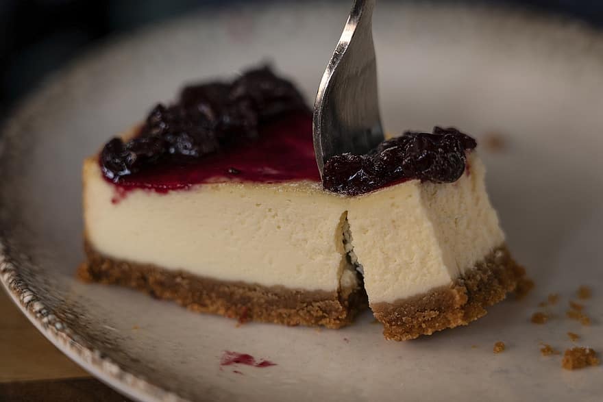 blåbær cheesecake, dessert, gaffel, spise, mad, snack, ostekage, kage, sød, bagværk, velsmagende