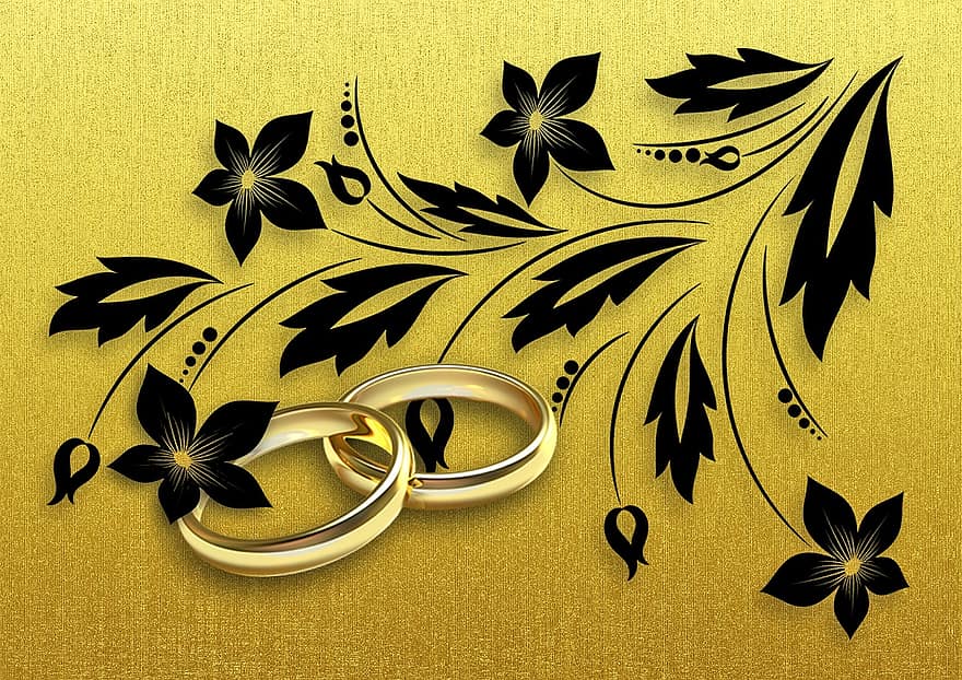 gyllene bröllop, äktenskap, bröllopsringar, guld-, innan, smycke, guldring, bröllop, romantik, symbol, blommor