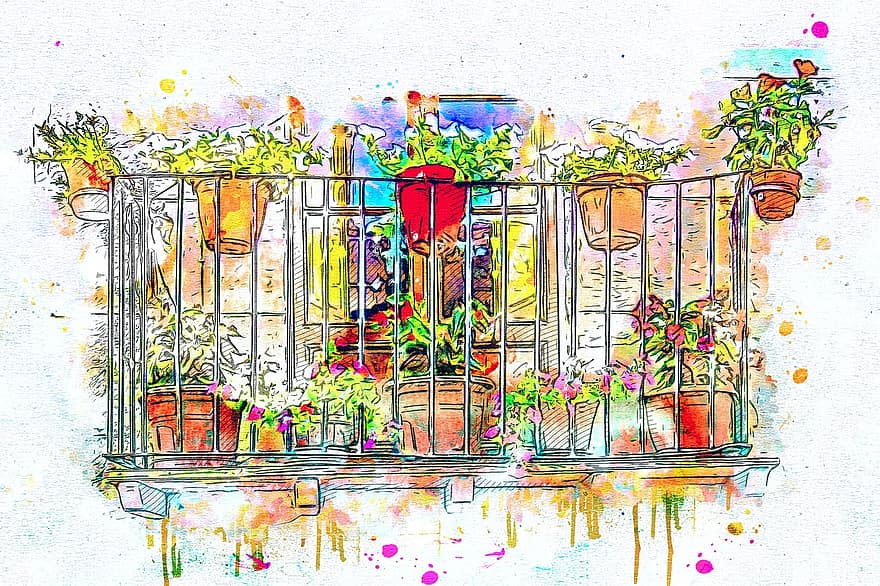 балкон, цветя, изкуство, абстрактен, акварел, природа, реколта, тениска, артистичен, дизайн, пръскане на бои