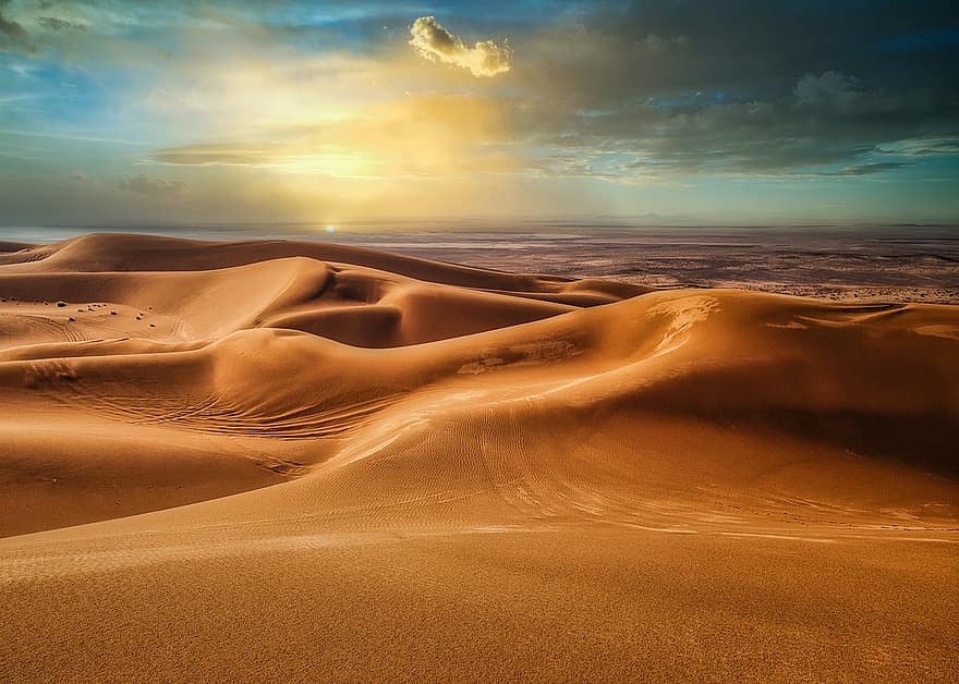 ørken, sand, solnedgang, landskap, natur, tørke, arid, dyner, horisont, sol, sollys