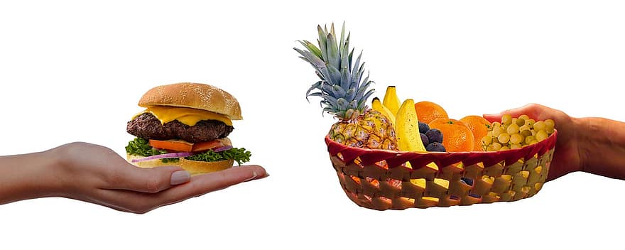 måltid, näring, frukt, burger, ta bort, diet, snabb, hälsosam, vitaminer, jämförelse, mat
