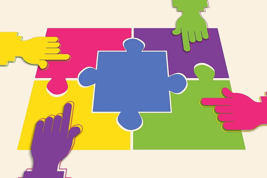 mâini, puzzle, părți, articol, deget, atingere, echipă, colaborare, împreună, coopera, comunitate