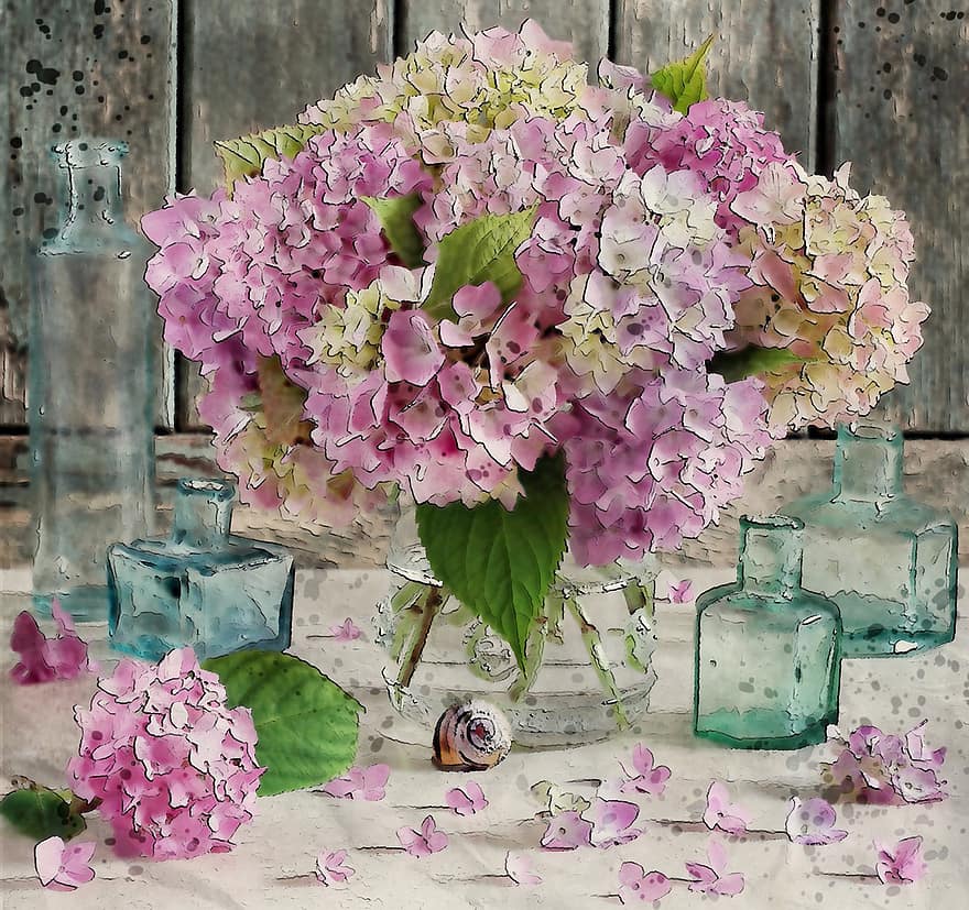 çiçek, pembe, vazo, kapalı, yine, hayat, şişeler, küçük, dekorasyon, bitki, dijital