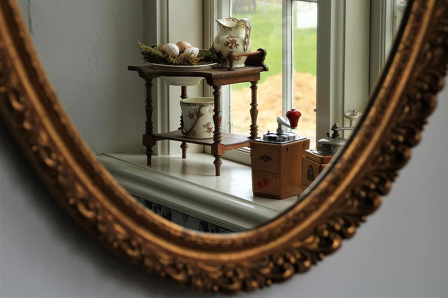 miralls, Mirall vintage, Molinet de café, decoració, vanitat, a l'interior, habitació domèstica, passat de moda, antiguitat, fusta, finestra