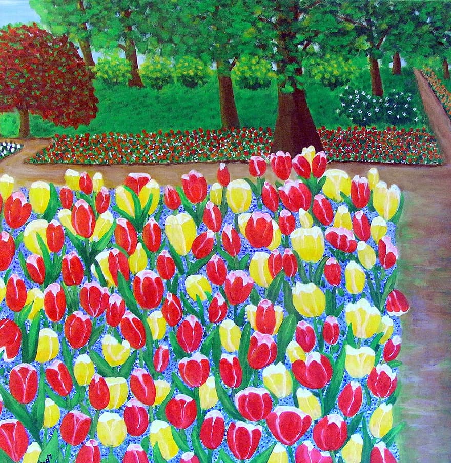 tulipaner, blomster, parkere, maleri, bilde, Kunst, maling, farge, kunstnerisk, bilde maleri, kunstnere
