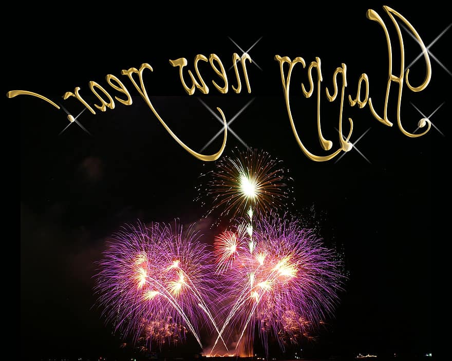 nieuwjaarsdag, Oudjaarsavond, einde van het jaar, vuurwerk, jaar, jaarrekeningen, vieren, draai van het jaar, wenskaart, raket, kleurrijk