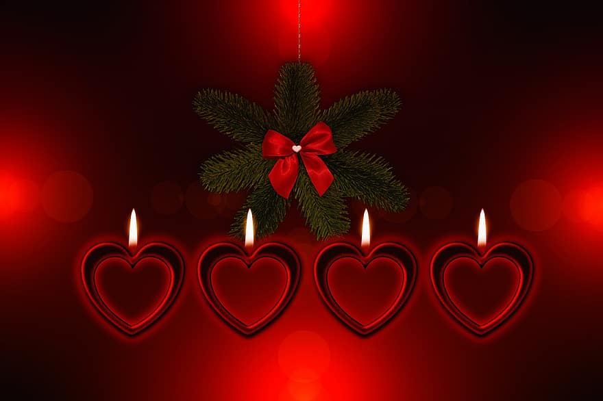 lilin, kedatangan, jantung, cinta, perayaan, hari Natal, Desember, dekoratif, salam, Minggu Adven, empat