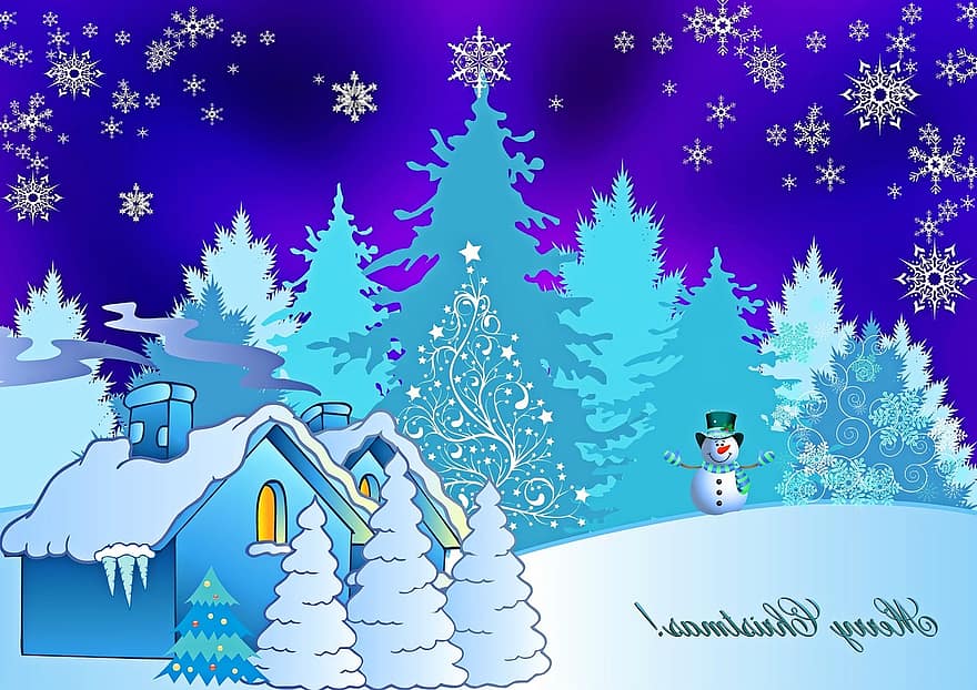 jul, Julekort, julehilsen, julemotiv, juletræ, lykønskningskort, kort, stjerne, vinterlige, dekoration, snemand