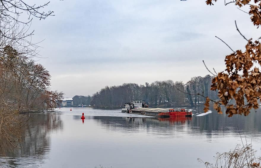 канал, Озеро Махнов, Германия, Brandenburg, водный путь, воды, морское судно, осень, дерево, транспорт, зима