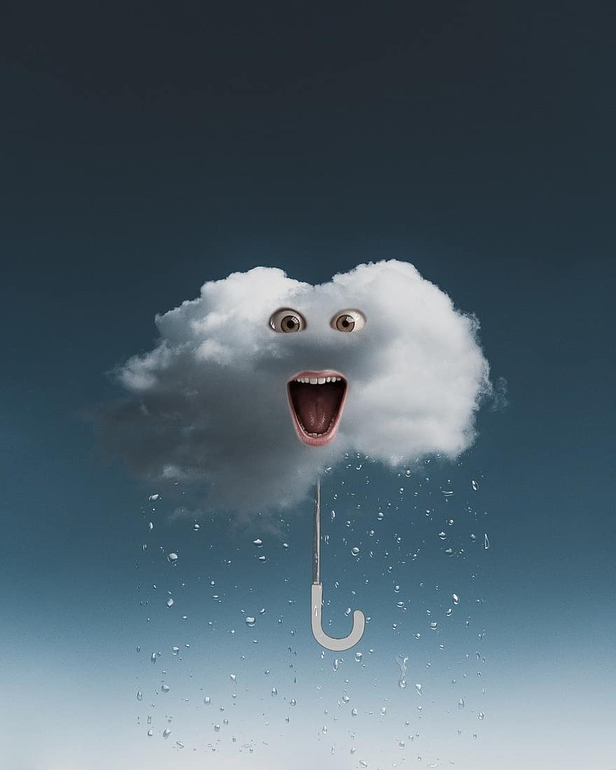 nube, lluvia, fondo, photoshop, surrealismo, clima, paraguas, parcialmente nublado, sonreír, ojos
