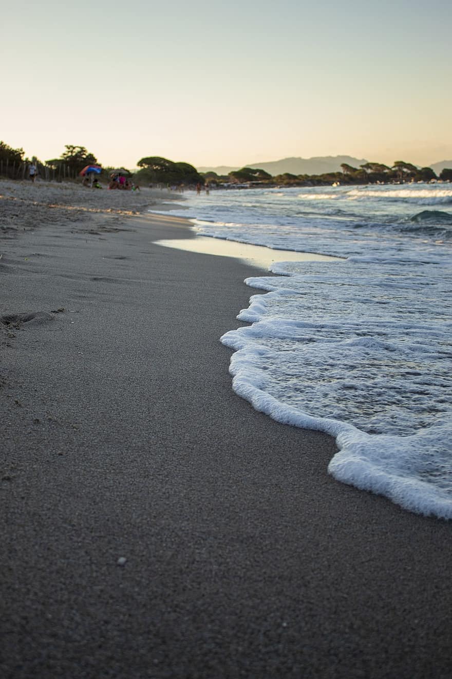 пляж, берег, море, горизонт, морская пена, накипь, волны, отлив, взморье, береговая линия, песок