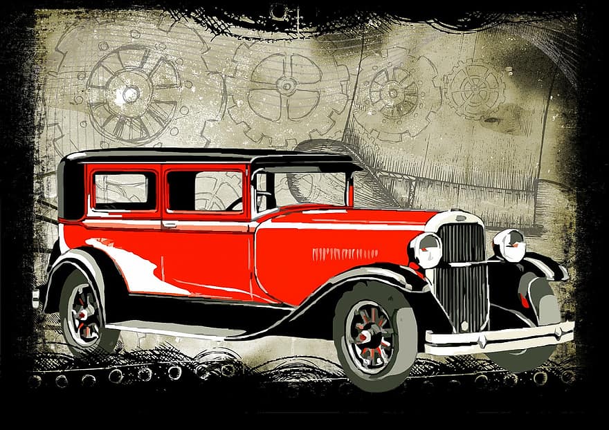 auto, wijnoogst, oud, antiek, auto-, vervoer-, rood, achtergrond, collage, samenstelling, geschiedenis
