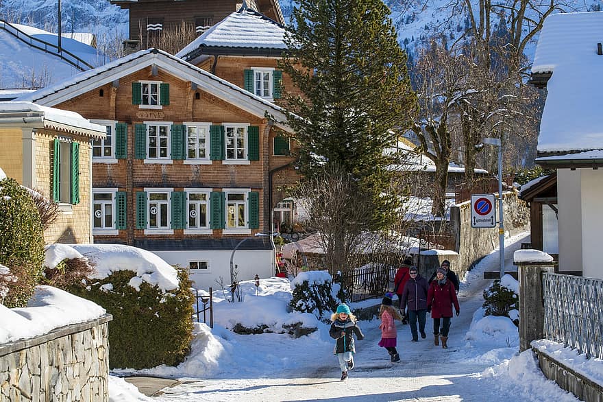 Szwajcaria, zimowy, miasto, Engelberg, dolina, śnieg, pora roku, dziecko, drzewo, lód, rodzina