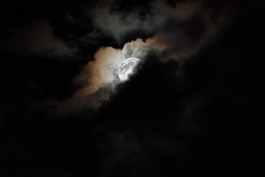 notte, Luna, Luna piena, cielo notturno, chiaro di luna, nuvole, umore, cielo, ombra, atmosfera, luce