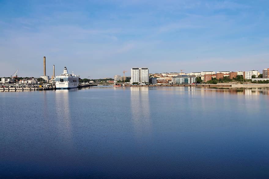 moře, přístav, Stockholmu, Švédsko, město, budov, panoráma, městský, pobřeží, odraz, voda