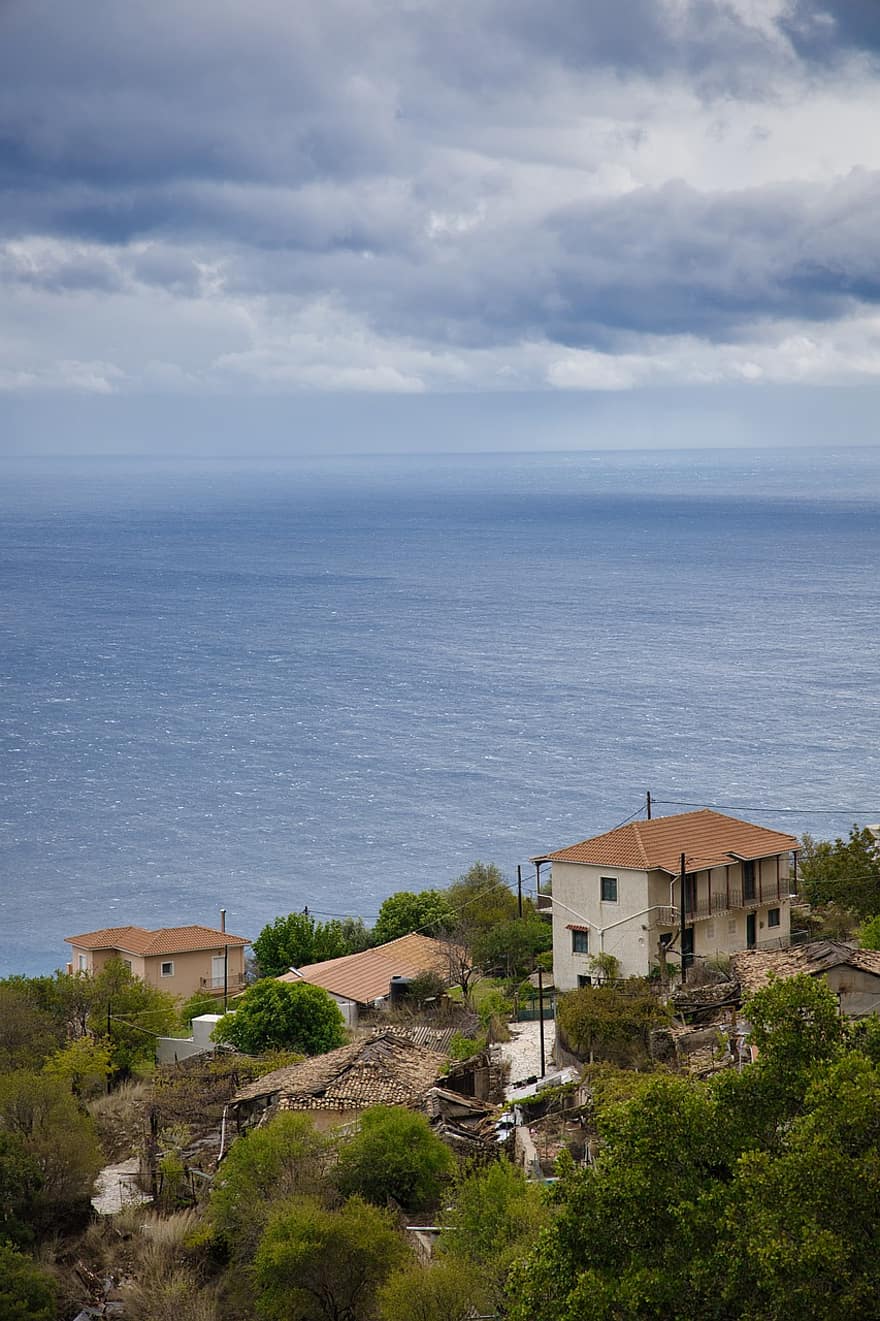 Griekenland, eiland, mediterraan eiland, Middellandse Zee, blauw, zomer, kustlijn, landschap, water, architectuur, dak