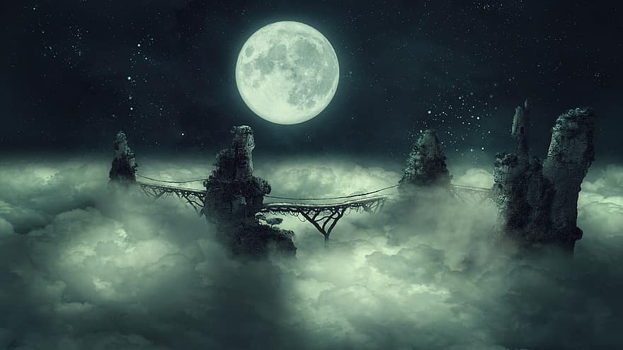 fantasía, Luna, puente, nubes, acantilados, formacion de roca, Luna llena, luz de la luna, cielo nocturno, estrellas, estrellado