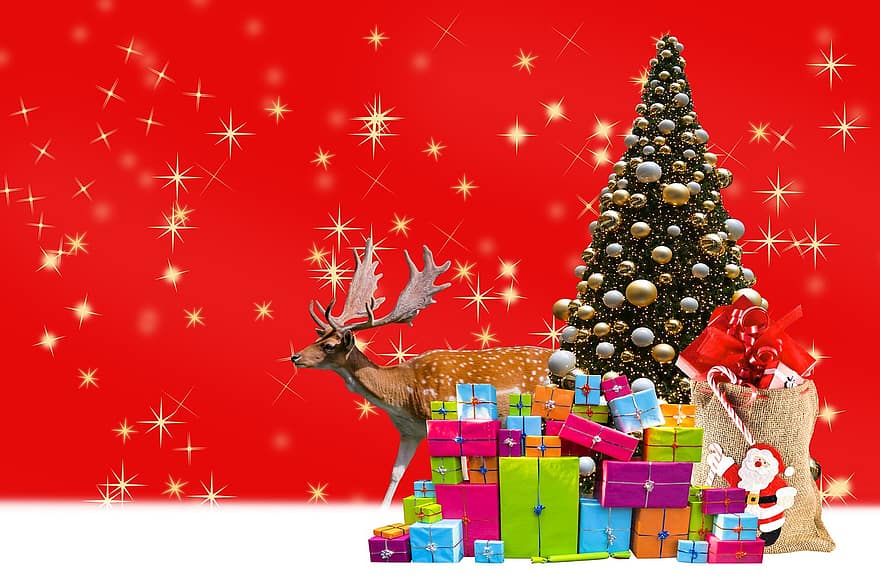 Коледа, подаръци, коледна елха, Северен елен, коледен мотив, Коледен поздрав, Коледна украса, Коледа фон, подарък, празненство, украса