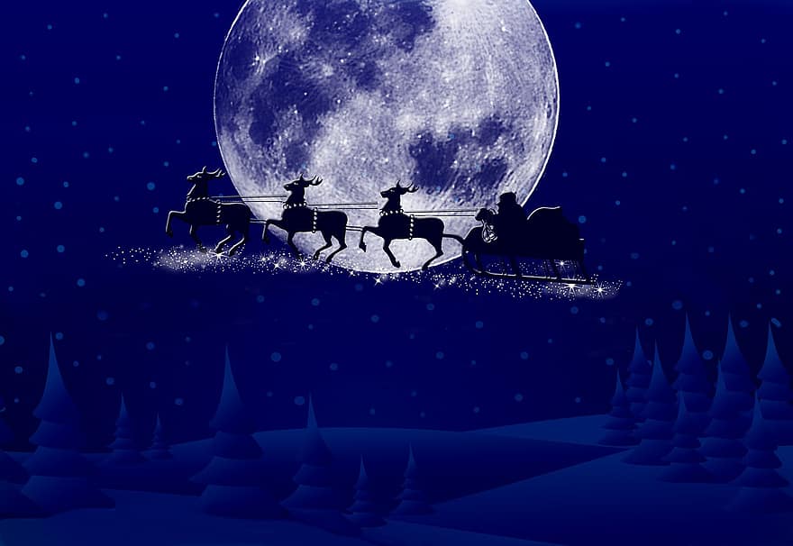Kalėdų motyvas, Kalėdų Senelis su elniais, mėnulis, Kalėdų rogės, fonas, Kalėdos, sniego kraštovaizdis