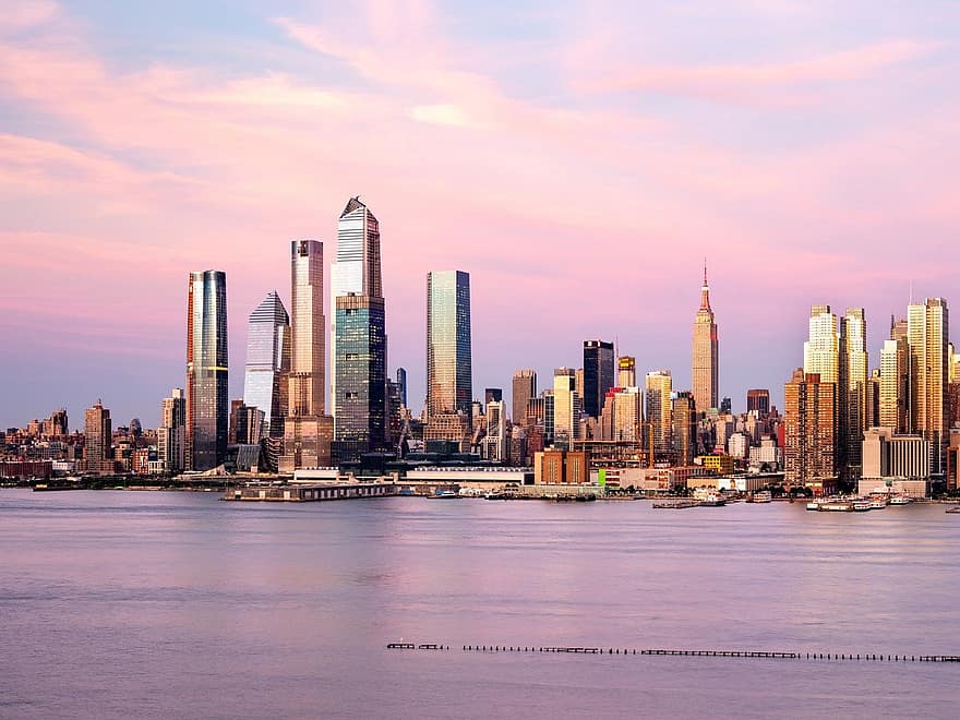 hudson river, solnedgang, Manhattan, by, new york, skyline, nyc, Forenede Stater, USA, bybilledet, skyskraber