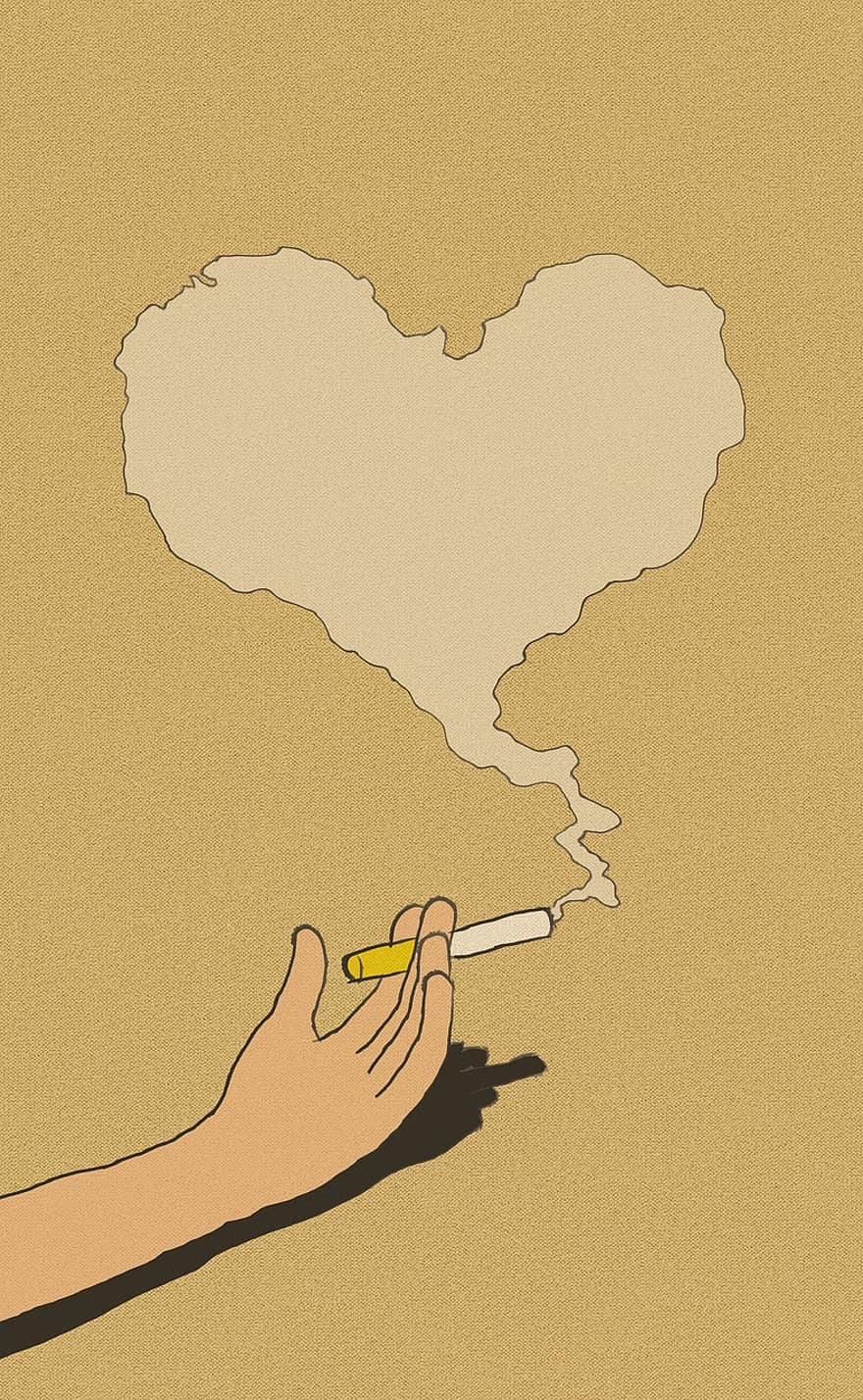 कार्टून, हाथ से रंगी, सिगरेट, धूम्रपान, हाथ, प्रेम, दिल, ब्राउन हार्ट, भूरा कार्टून