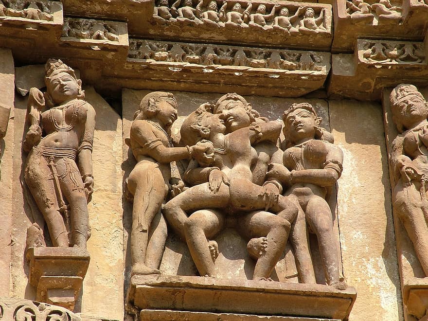 Khajuraho, kamasutra, indien, monument, sten-, arkitektur, bygning, figur, unesco, skulptur