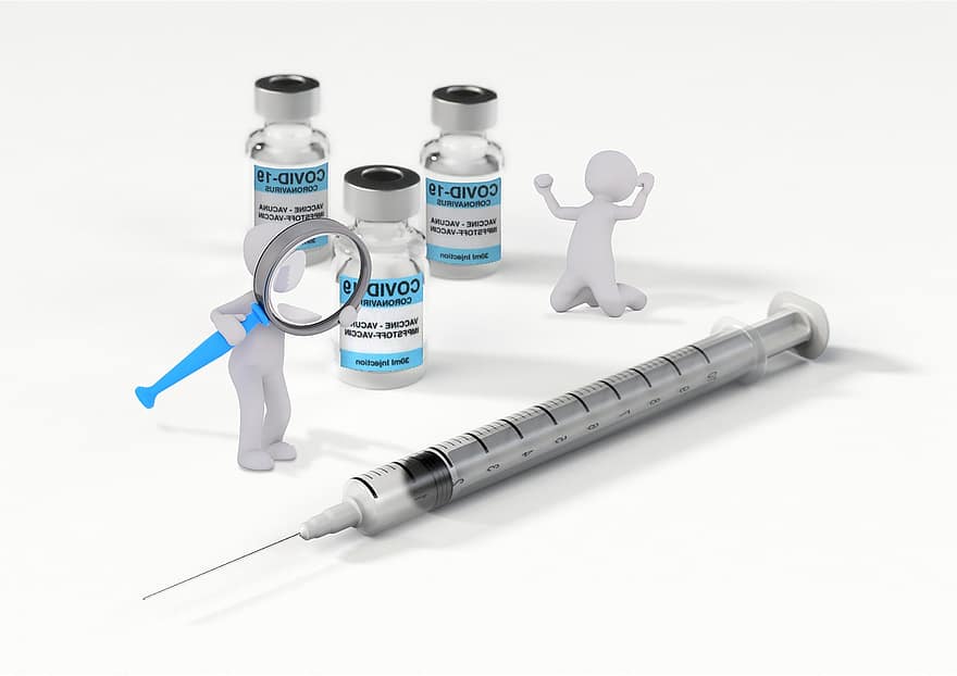 vakcina, švirkštą, miniatiūriniai skaičiai, skaičiai, padidinamasis stiklas, sėkmė, buteliukus, vakcinacija, adata, injekcijos, pandemija