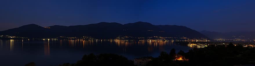 lago maggiore, ciudad, noche, lago, ticino, Gambarogno, paisaje, Brissago, agua, oscuridad, montaña
