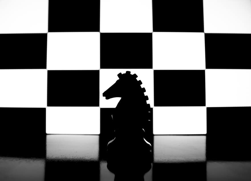 šachy, kůň, hra, prkno, černobílý, šachovnici, soutěž, úspěch, sport, strategie, šachová figurka