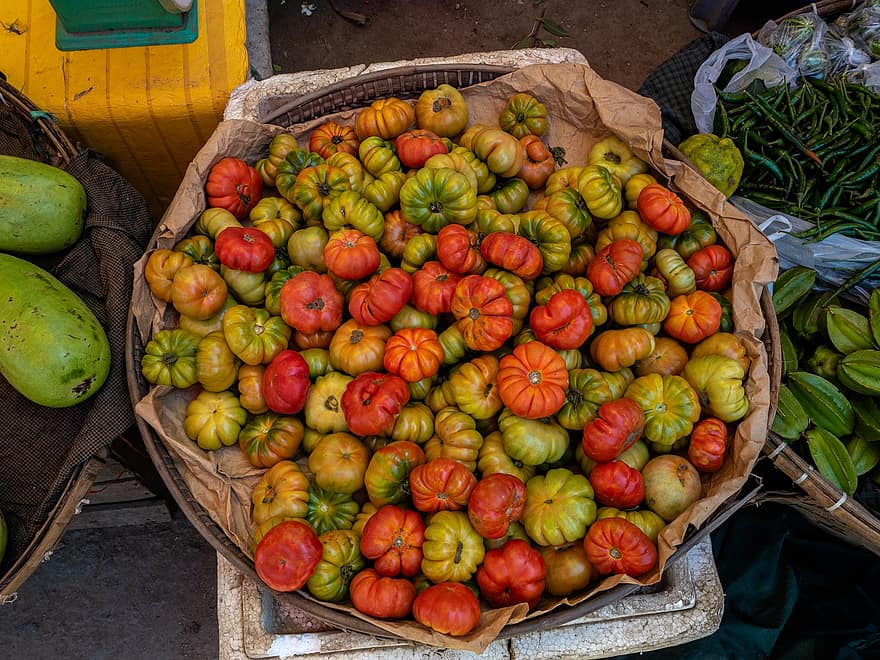 tomater, kurv, marked, produsere, grønnsaker, organisk, Lokalt produkt