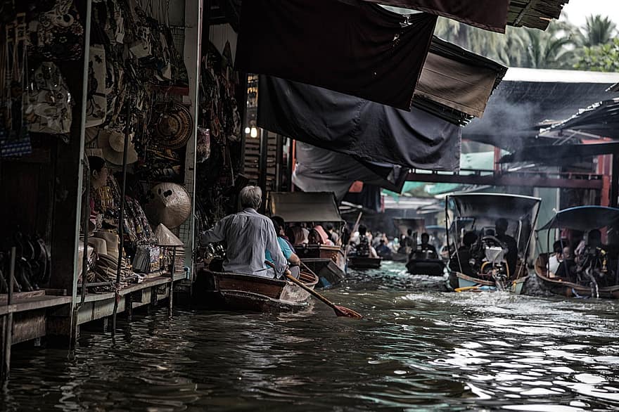 Bangkoku, řeka, trh, lodí, plovoucí trh, voda, plovoucí, doprava, cestovat, trhu, scéna