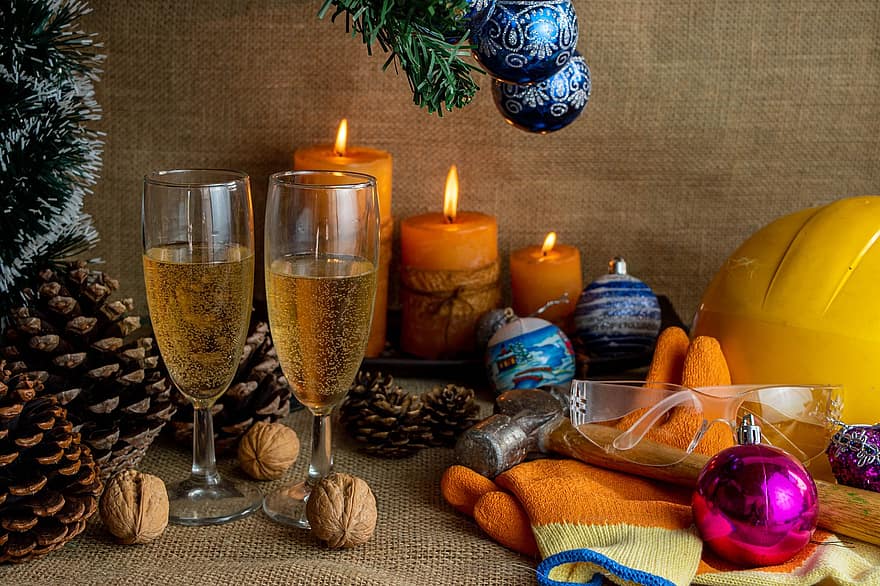 Різдво, пити, сезон, свято, окуляри, тост, кульки, святкування, прикраса, свічка, зима