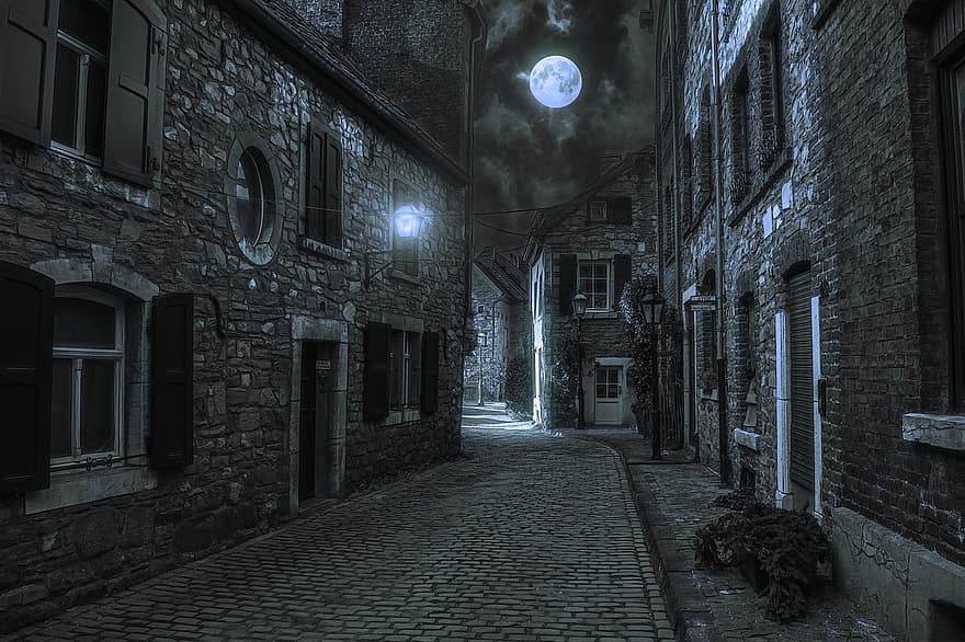 Historical Town, Street, Night, Village, Moon, Full Moon, City, Town, Cobblestone, Alley