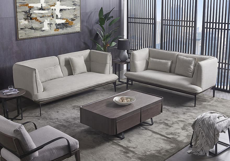 sofa, stue, indretning, Minimalistisk sofa, centerbord, bord, møbel, værelse, indre