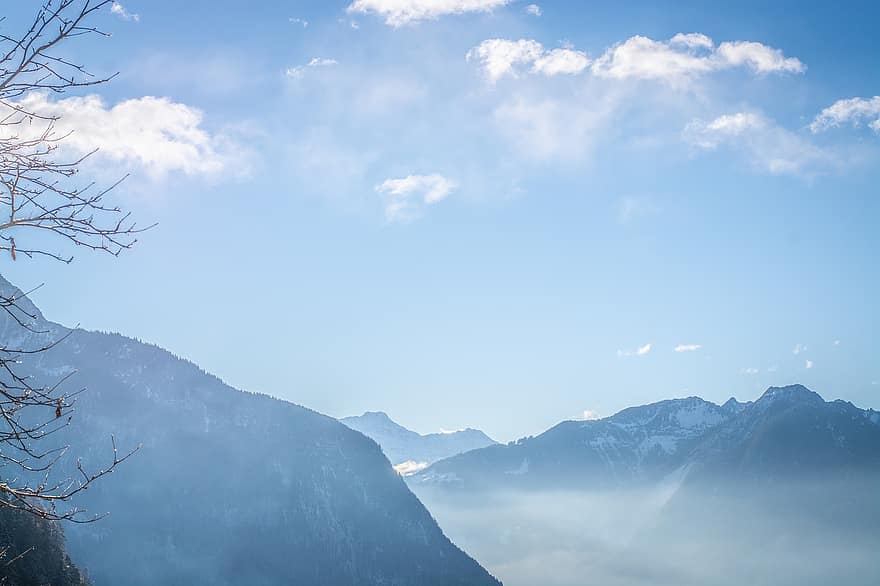 montañas, invierno, niebla, paisaje, nieve, picos de las montañas, naturaleza, Vorarlberg