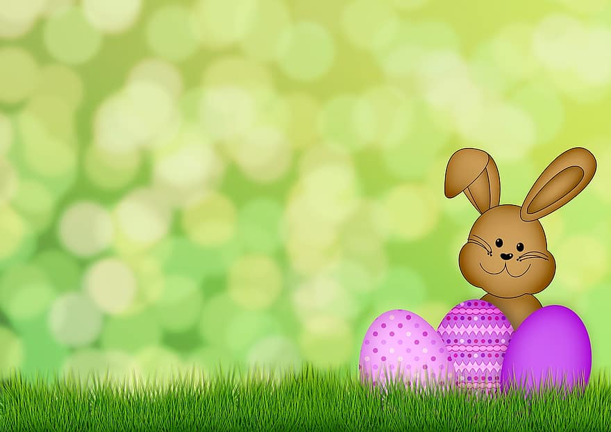 Paskah, telur, kelinci Paskah, rumput, Selamat Hari Paskah, Latar Belakang, penuh warna, telur berwarna-warni, berwarna merah muda, pola, osterkarte
