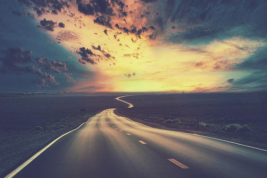 път, улица, пустинен, безплодна, магистрала, паваж, залез, небе, картина изобразяваща небе, хоризонт, пейзаж