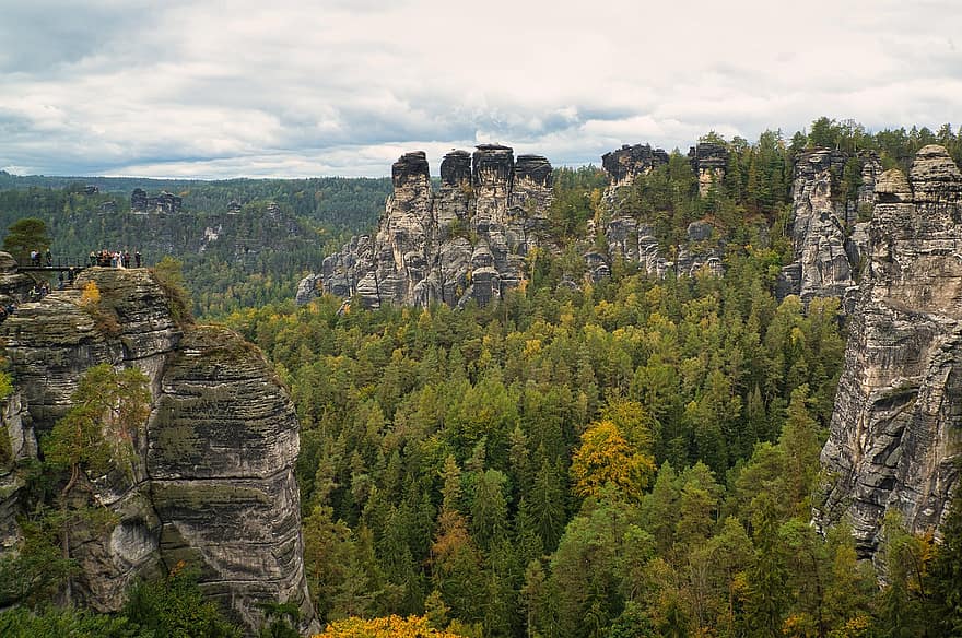 bjerge, klipper, Skov, sandsten, saxon switzerland, Bastei, saxony, landskab, Tyskland, natur, outlook