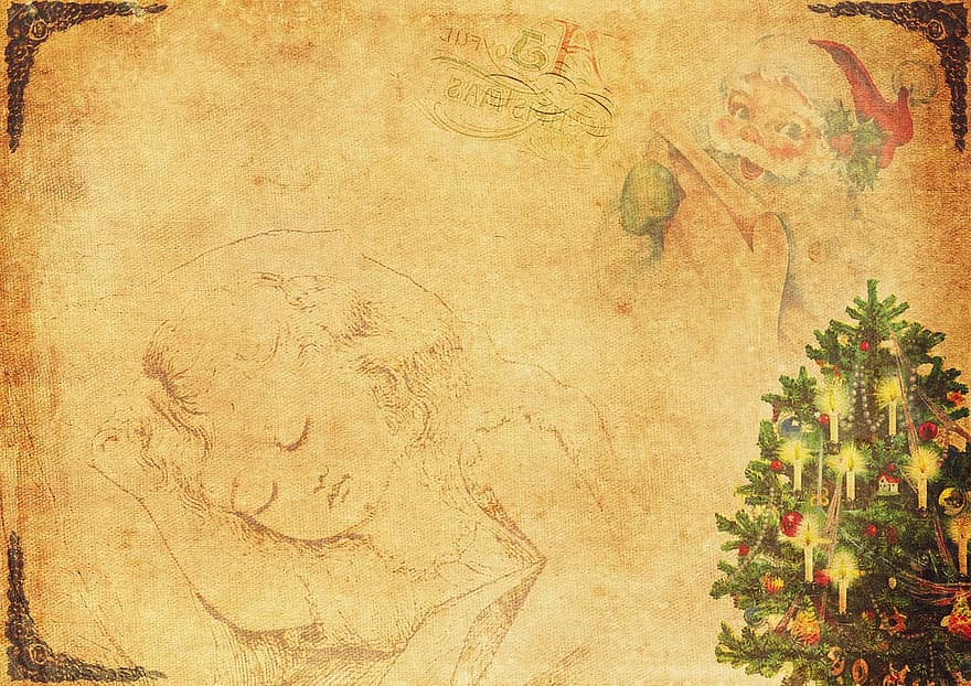 Коледа, Дядо Коледа, сън, дете, реколта, класически, коледна картичка, поздравителна картичка, заден план, идване, коледна елха