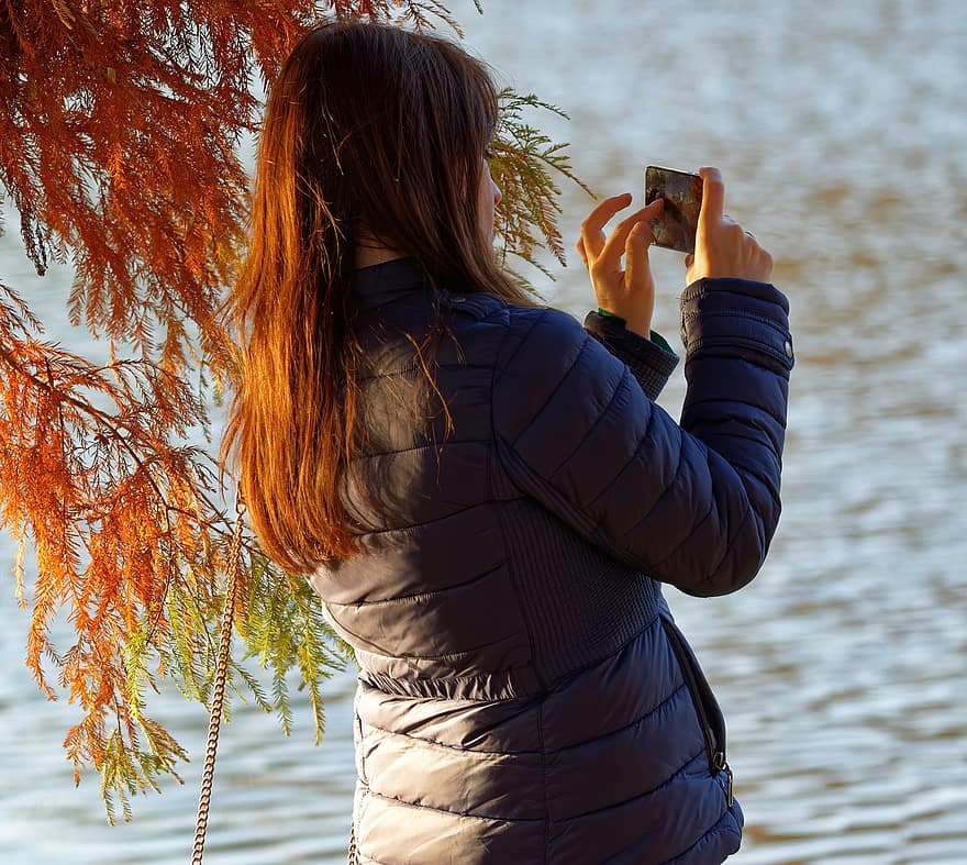 kobieta, fotografia, na dworze, wolny czas