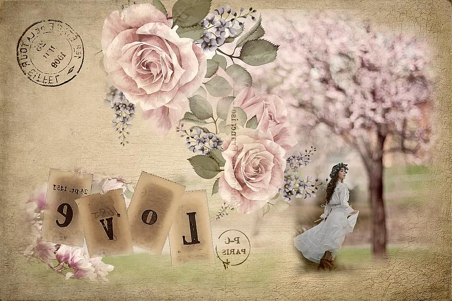 oude ansichtkaart, Valentijnsdag, achtergrond, vintage briefkaart, behang, bloem, bloesem, roze kleur, romance, liefde, achtergronden