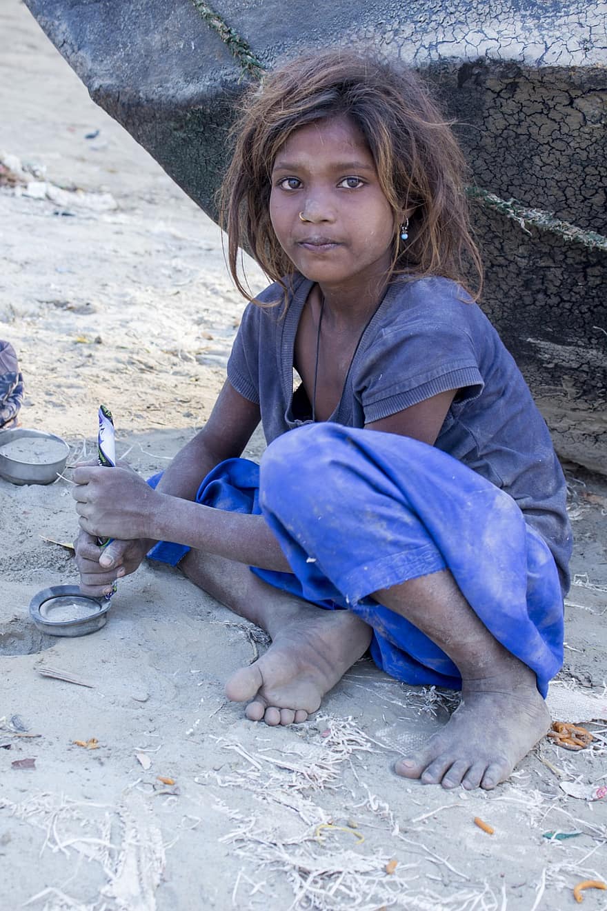 lány, gyermek, kölyök, hajléktalan, szegénység, női, indián, allahabadi, éhség, hindu, Prayag