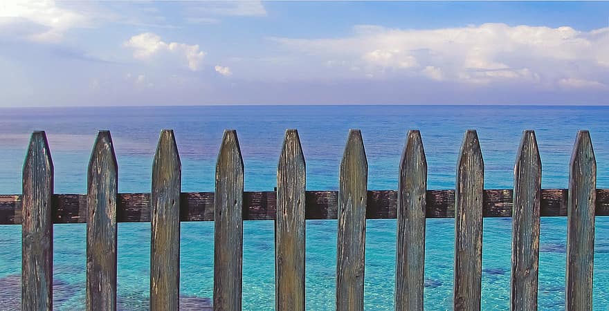 Wooden Fence, Sea, Ocean, blue, water, summer, coastline, wood, vacations, tropical climate, sand