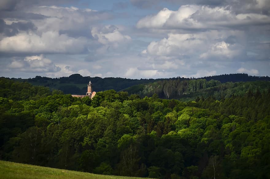 Castello di Grodno, foresta, montagna, Polonia, silesia più bassa, natura, paesaggio, estate, scena rurale, nube, cielo